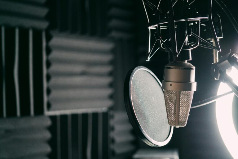 Close-up of a condenser microphone with pop filter in a professional sound studio.